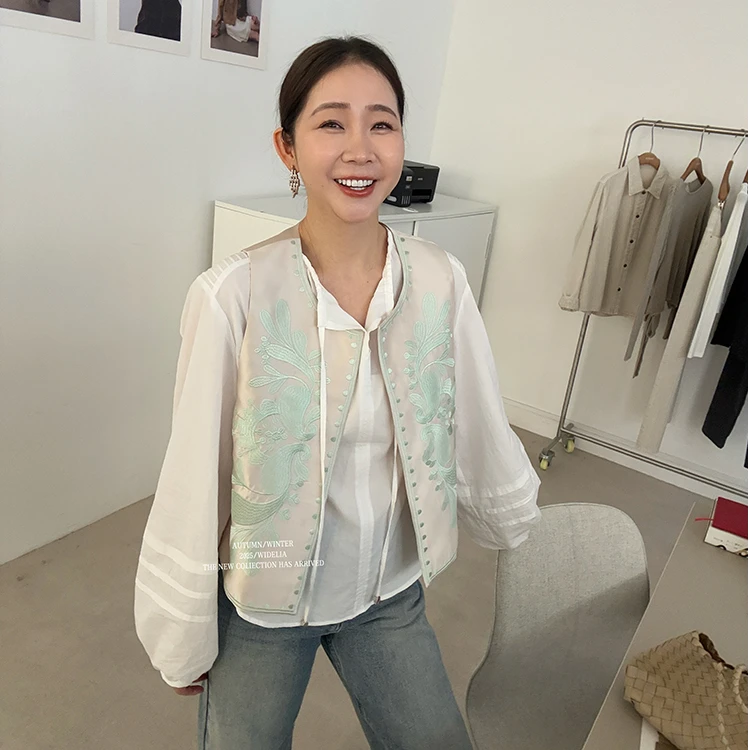 widelia陈姬儿春夏韩系白色长袖衬衫7172 新中式刺绣马甲7170