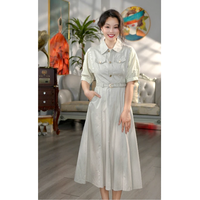 无印心匠B95156 夏季新款拼接收腰显瘦衬衫裙气质女性连衣裙K383