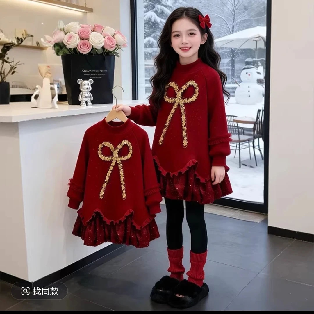 冬季新款亮片拼接加绒花苞卫衣裙