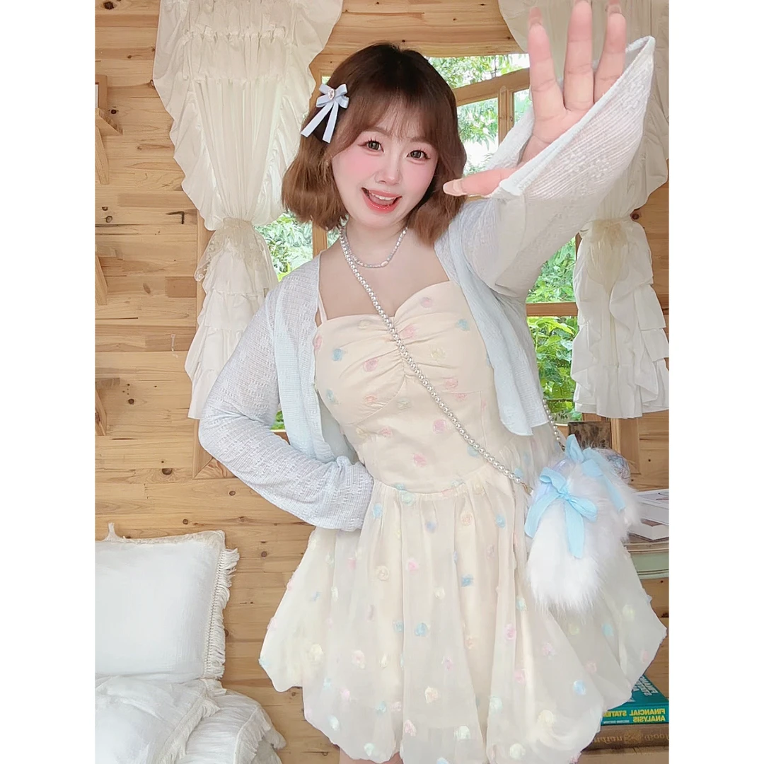 【现货】【 初恋花颂】大码甜妹夏新款法式防晒开衫+花苞吊带裙套装