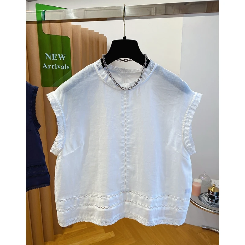 韩国白色苎麻上衣女夏2025新款宽松薄款绝美蕾丝花边衬衫洋气小衫