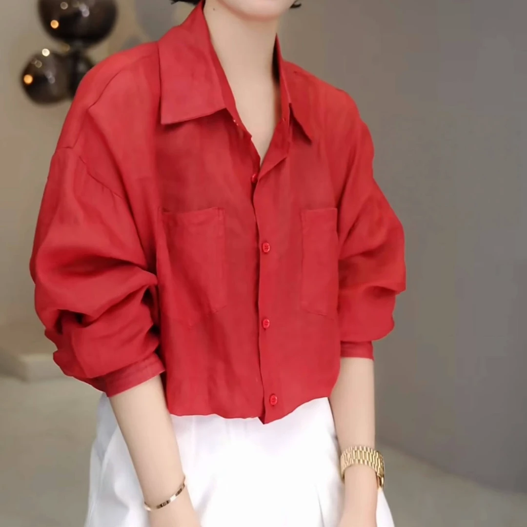 复古宽松简约苎麻慵懒风显瘦极简衬衫女2025春季新款红色长袖衬衣