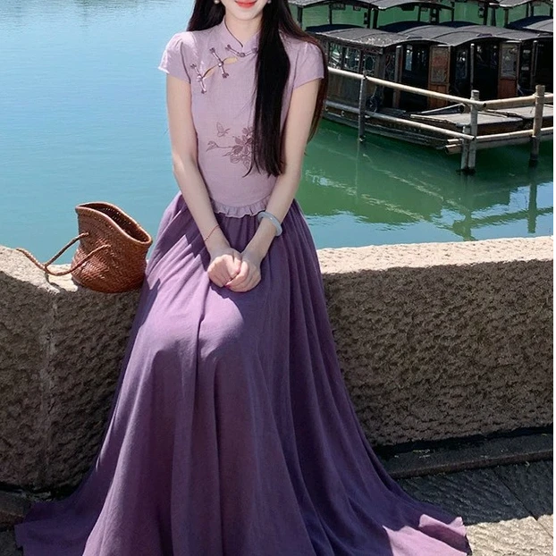 新中式绣花镂空木耳边上衣女春夏宽松半身裙套装