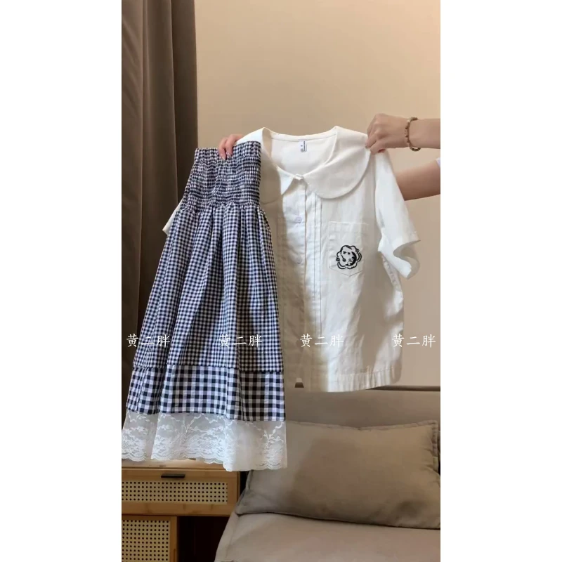 2025韩系少女学院风娃娃领白色短袖衬衫搭配半身裙两件套夏