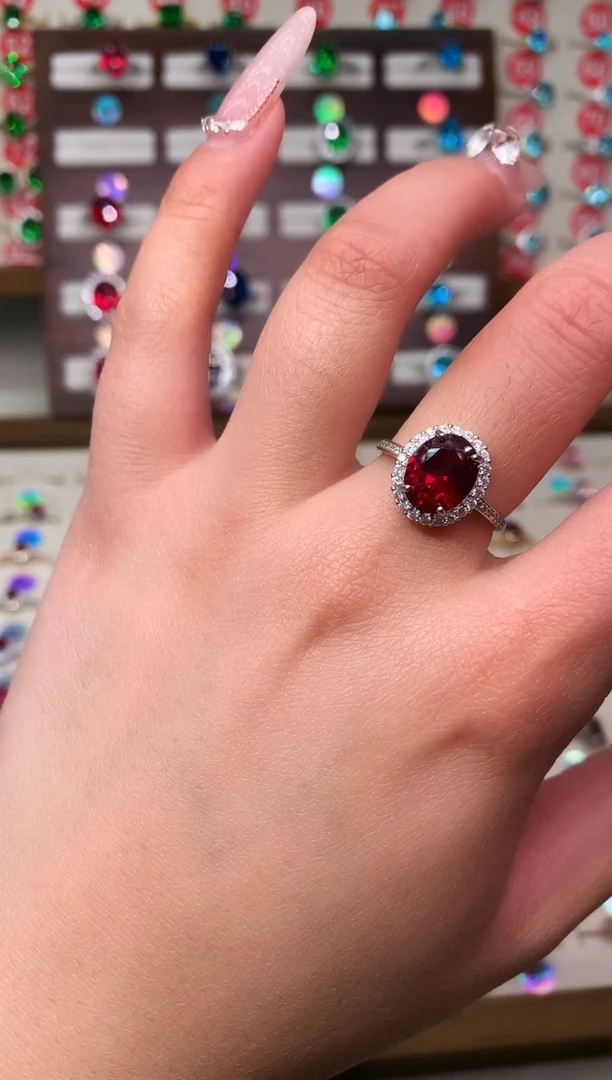 银S925镶嵌戒指红宝石8*10 酒红 银托