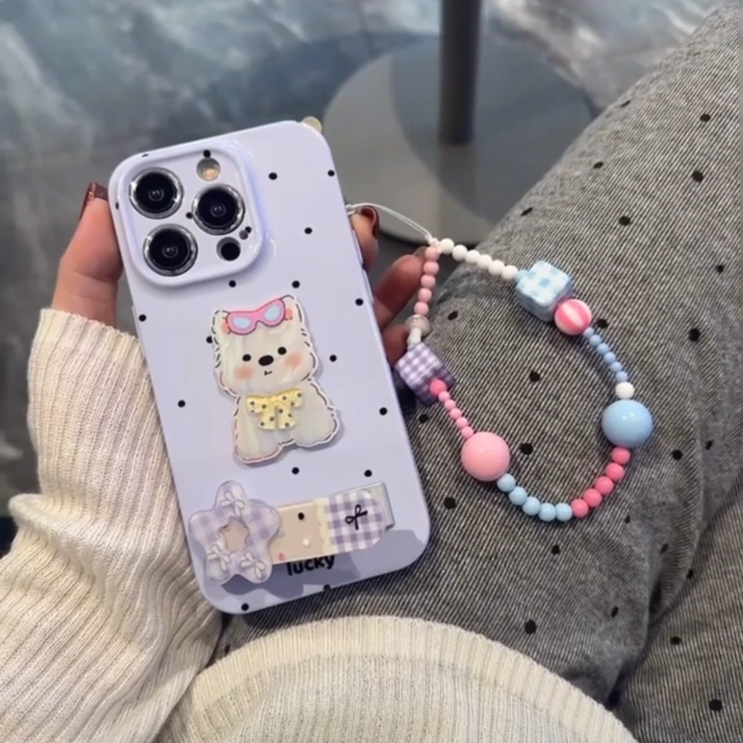 香芋紫波点狗支架链条适用iPhone16手机壳15苹果14promax/16pro13