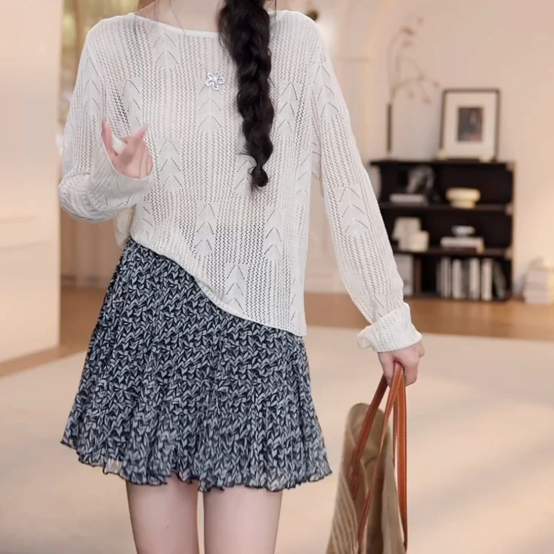 夏季防晒罩衫百搭长袖T恤+显瘦松紧气质短裙(带安全裤）LK2503373