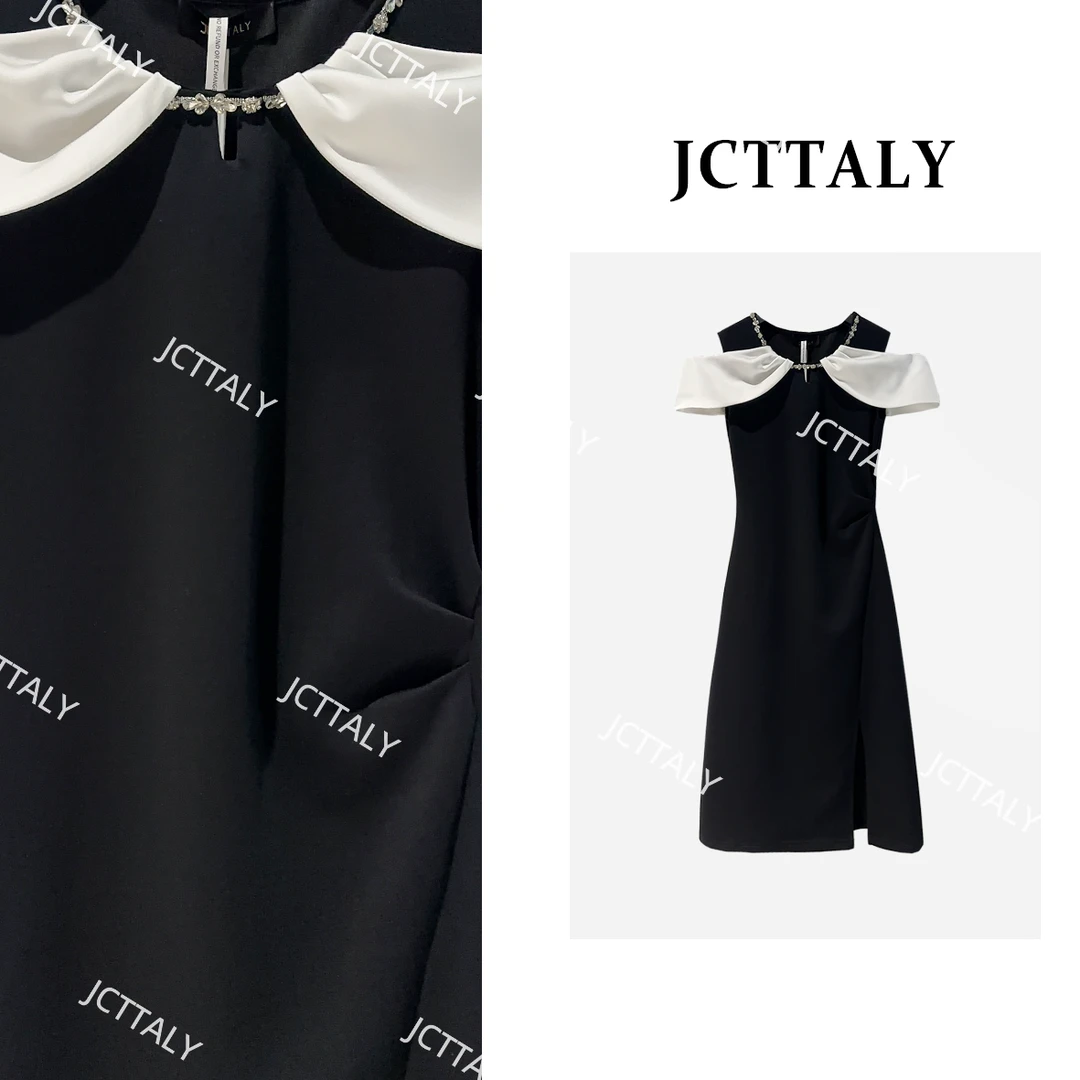 【宠粉价】赫本风小礼服露肩黑白钻饰收腰开衩新款连衣裙女JC-A4133