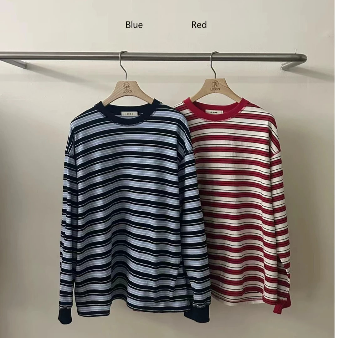 韩国东大门条纹休闲T（ON退NO换）时尚长袖情侣百搭