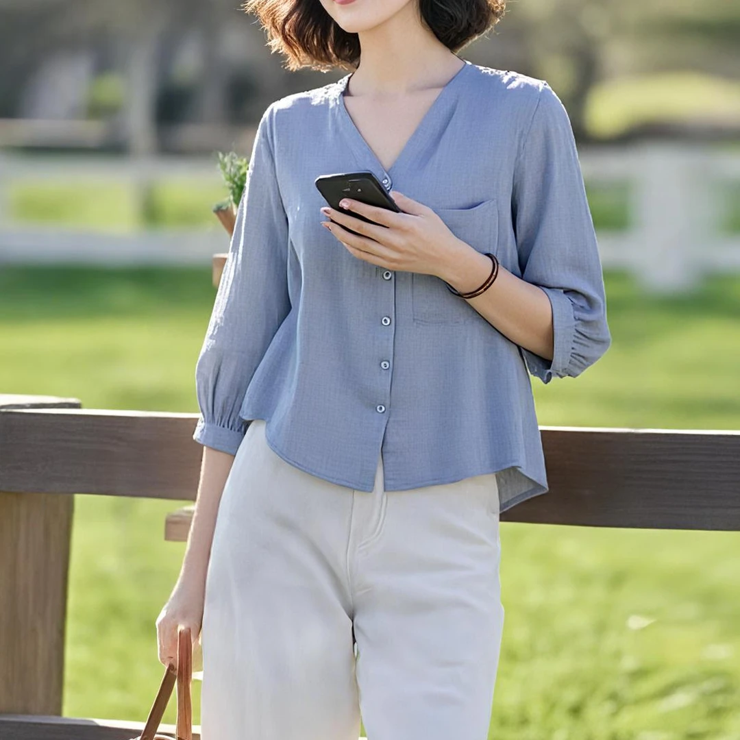 夏季新款宽松慵懒风V领衬衫遮肉显瘦遮肚子七分袖防晒衫衬衣上衣