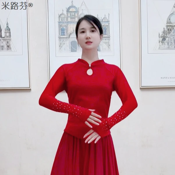 跳舞衣服中老年人广场舞服装中国风跳舞古典舞民族舞纱袖上衣长袖