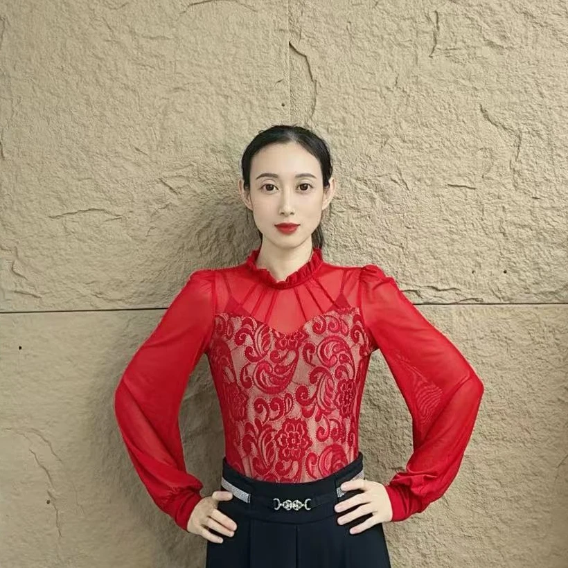 欢舞阁摩登舞A0800半高领灯笼袖交际舞双人舞广场舞网纱长袖上衣