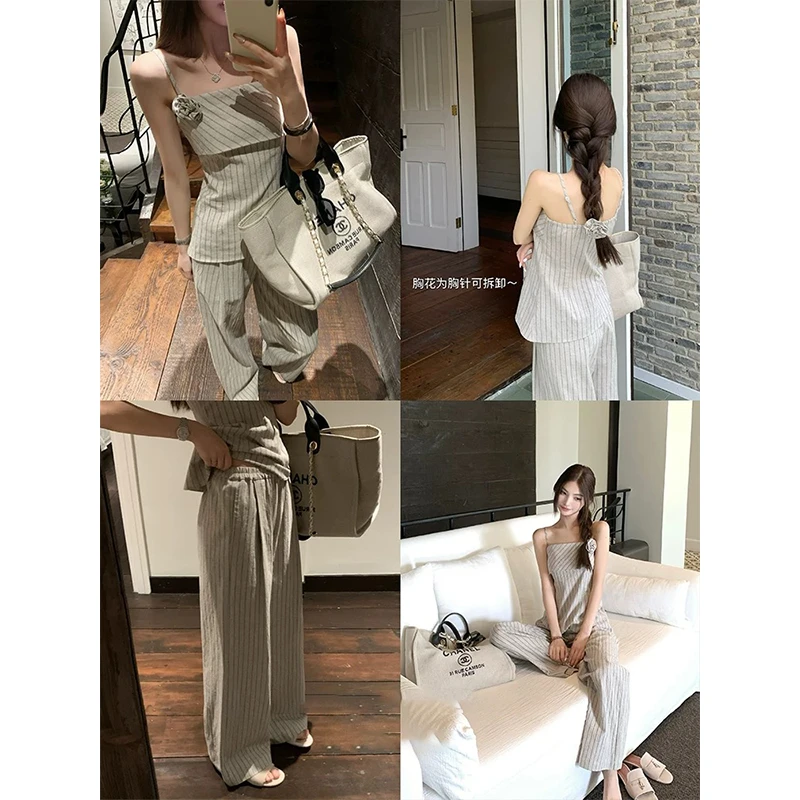 48H小香套装/加长自然肌理*立体花朵吊带条纹休闲裤两件套装SU169
