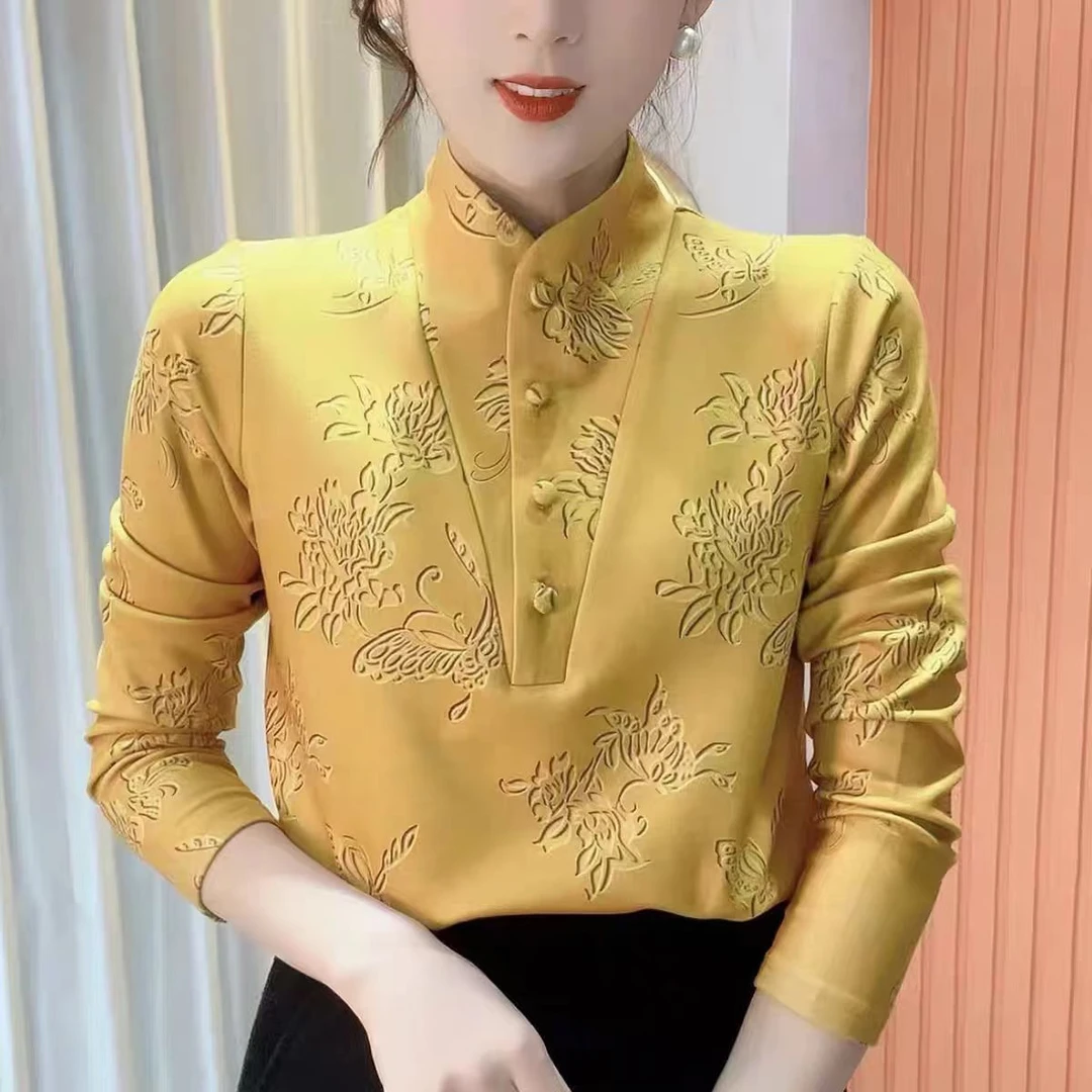 2025冬季新品长袖减龄妈妈装时尚百搭打底衫保暖加绒立领T恤上衣