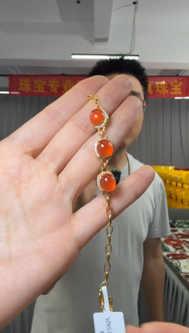 手链银S925镶嵌南红玛瑙保山冰红南红S925银手链约8mm