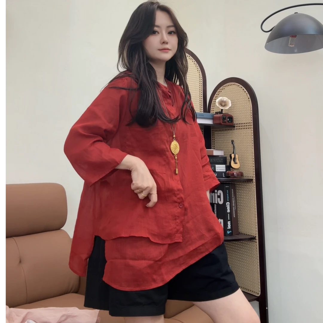 museguhui/木色古汇 8651#气质苎麻衬衫通勤女装高级感防晒衬衣