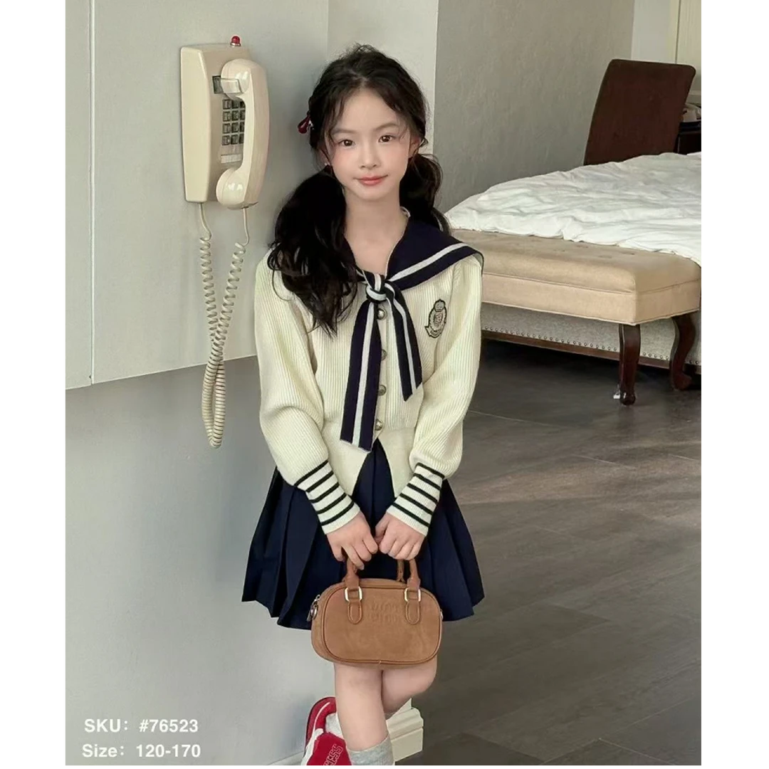 【豪宝贝】2025春款新品海军领毛衣百褶裙套装6523