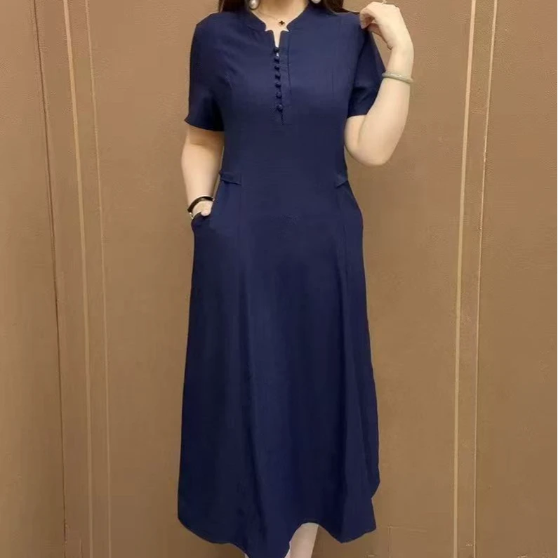 高档时尚潮流洋气女连衣裙气质时尚显瘦收腰拼接口袋v领短袖裙子