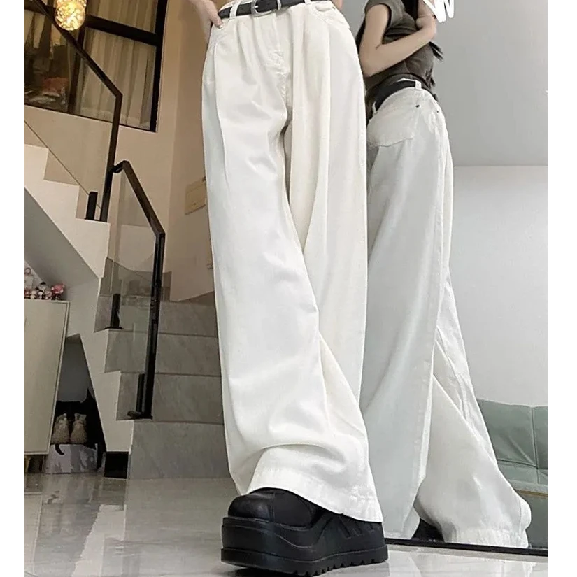 大码胖mm白色阔腿牛仔裤女秋冬高腰垂坠感显瘦休闲裤宽松拖地裤子