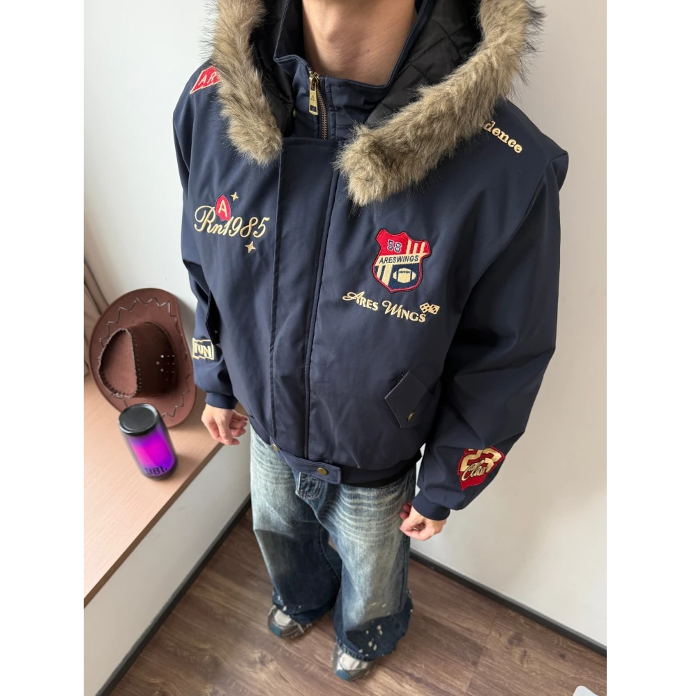 美式复古刺绣徽章座山雕棉衣外套男女冬季小众情侣加厚保暖夹克潮