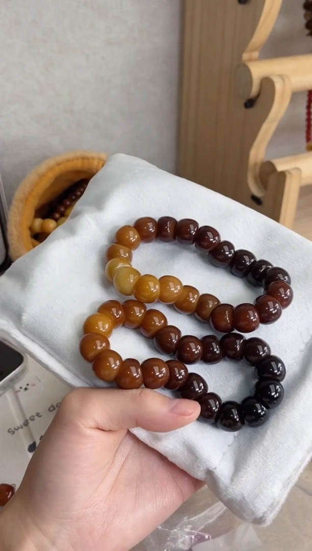 菩提根/象牙果手串b72渐变焦糖玉化蒜瓣大肠14手串