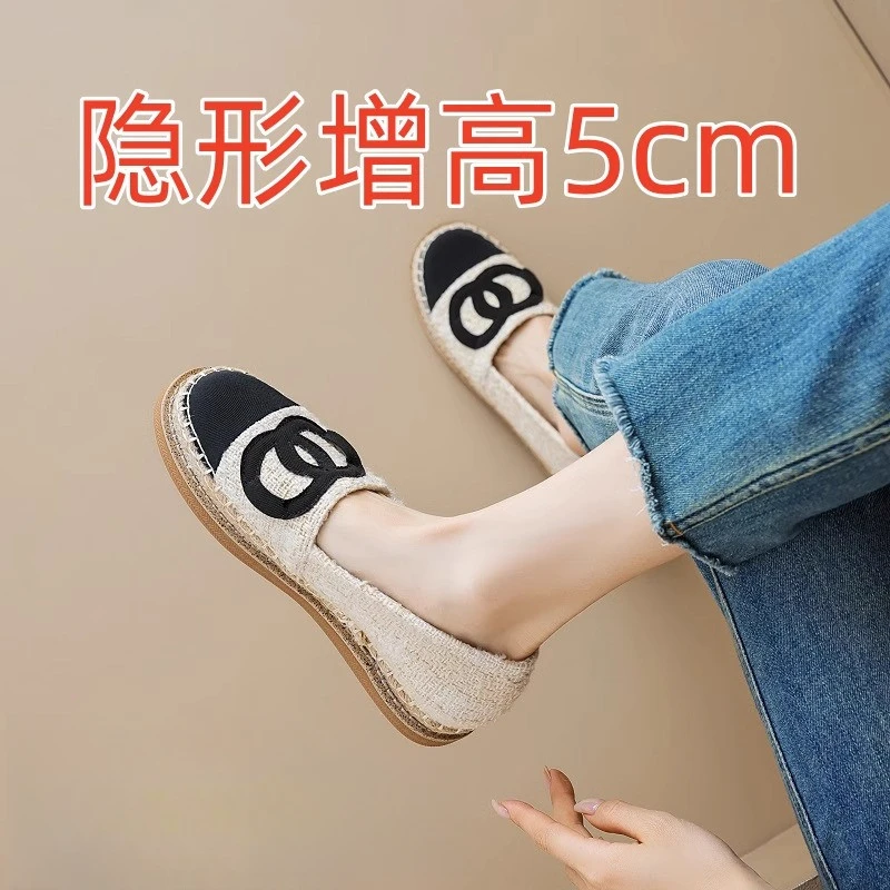 35-43大码~小香风内增高软底渔夫鞋一脚蹬复古软面草编休闲单鞋女