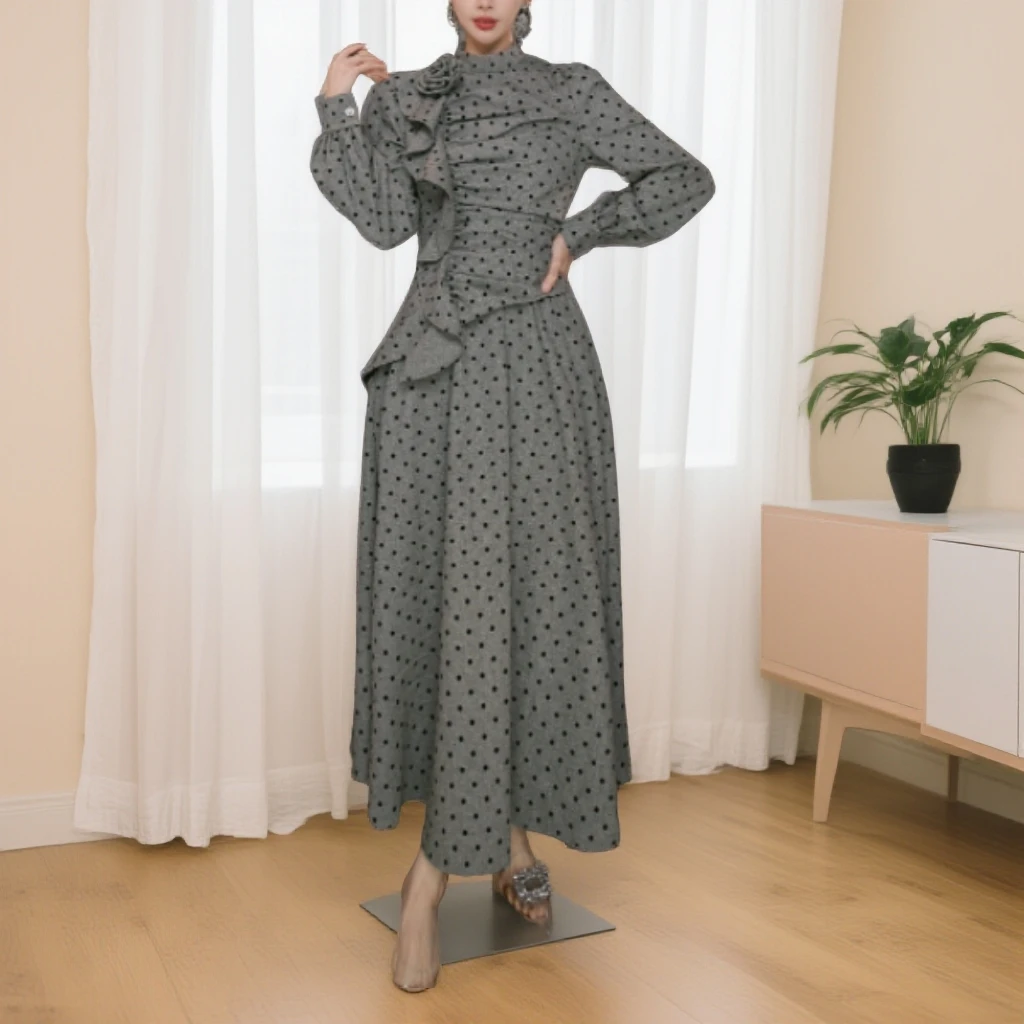 秋冬新款收腰长裙时尚法式显瘦波点女装连衣裙65552