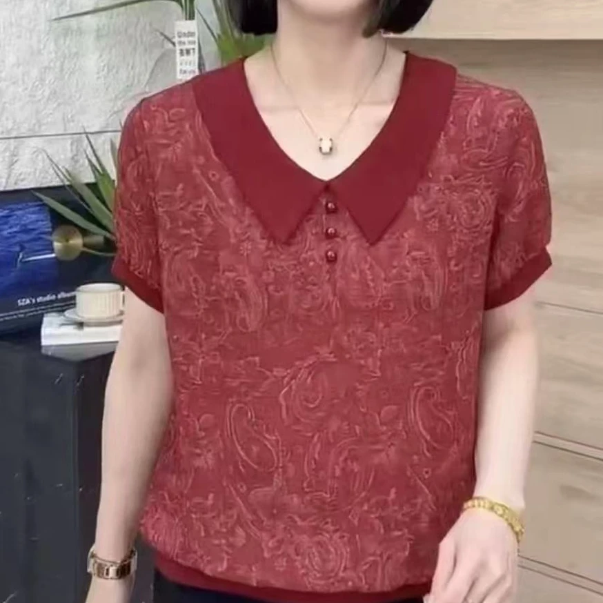 夏季新款女士时尚翻领宽松短袖上衣中老年妈妈装时尚洋气T恤