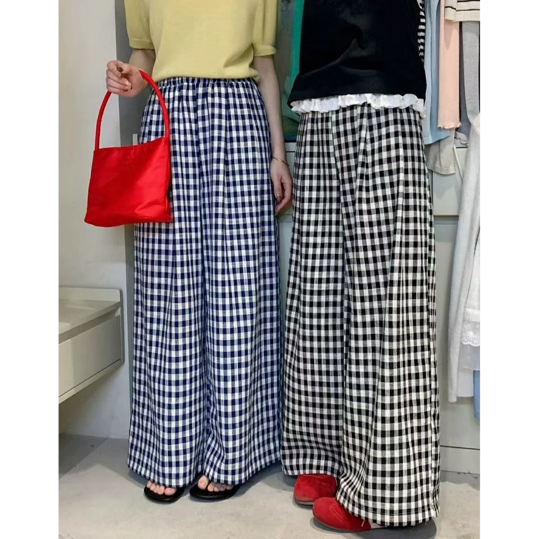 NIC圈圈、一定要拥有的 麻料垂感格子裤松紧腰阔腿休闲格子裤A9629