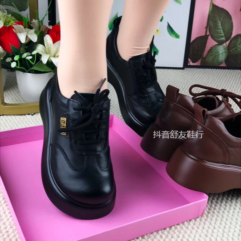 牛皮单鞋女2025春季新款真皮松糕厚底女鞋妈妈鞋系带乐福鞋小皮鞋