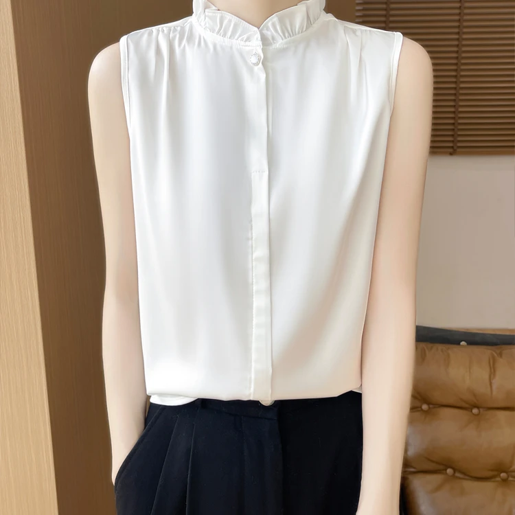 荷叶领花边无袖衬衫半高领醋酸宽松女春夏四季内搭百搭上衣