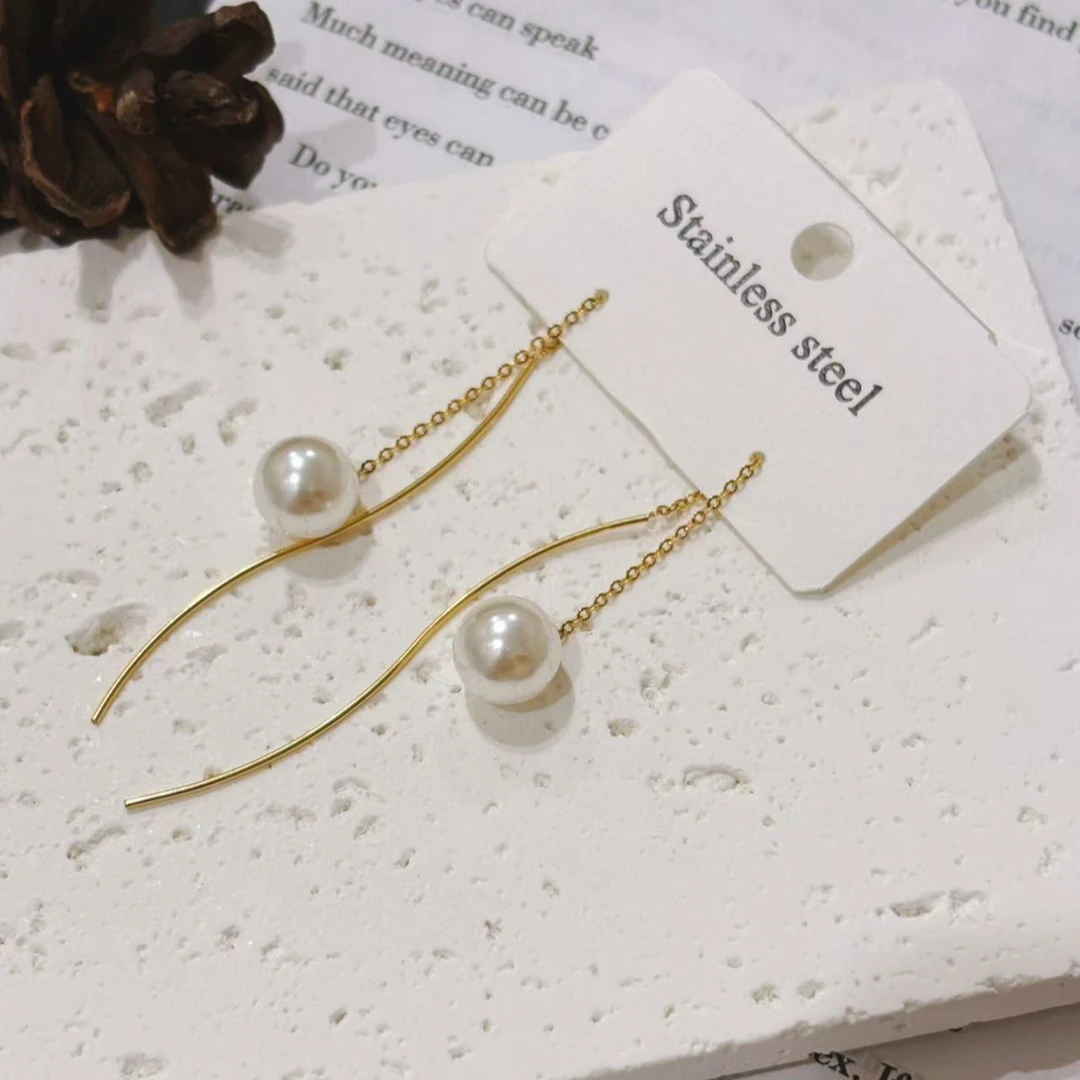 钛钢仿珍珠耳饰 【Kiss娜】钛钢2916优雅波浪流苏贝珠耳环