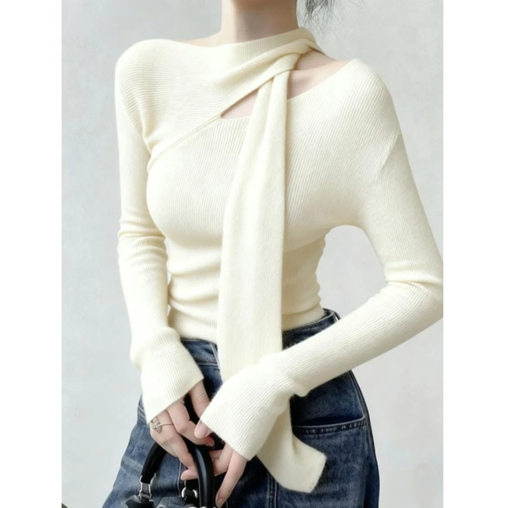 秋季独特超好看单穿上衣法式小众设计感洋气减龄通勤风白色针织衫