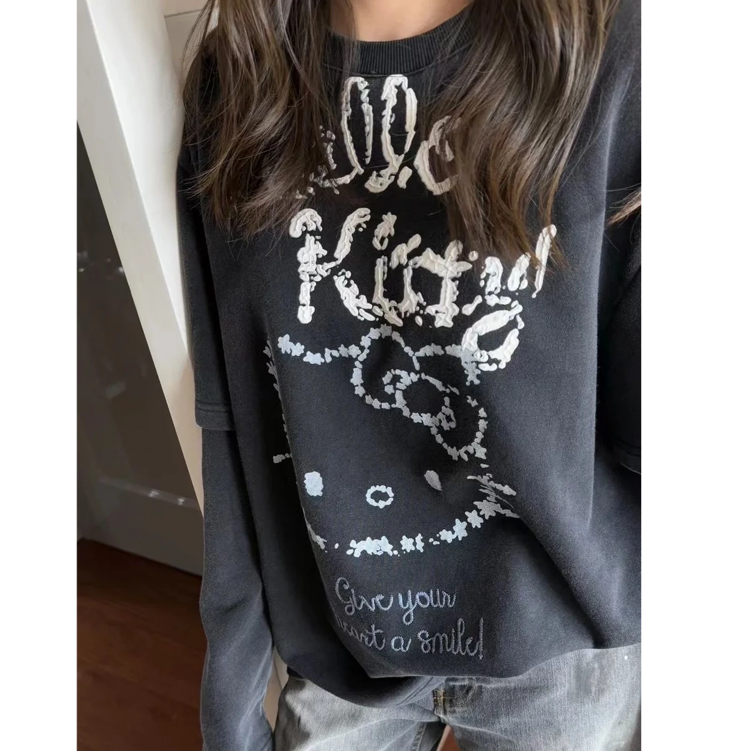 【蛋家联名Kity假两件T恤】韩单！东大门卡通联名Kity假两件卫衣