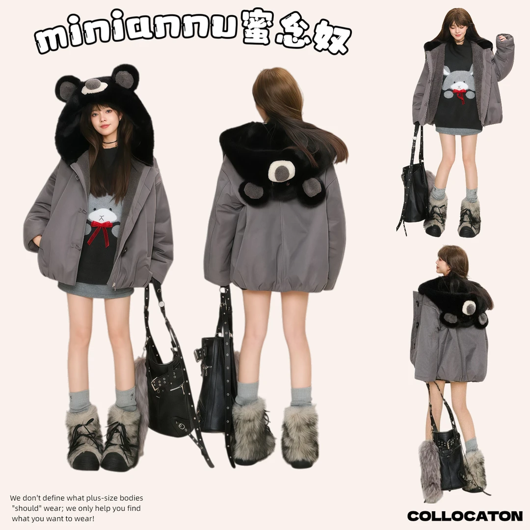 300斤大码女装复古加厚毛熊大连帽派克服棉服女冬季保暖显瘦外套