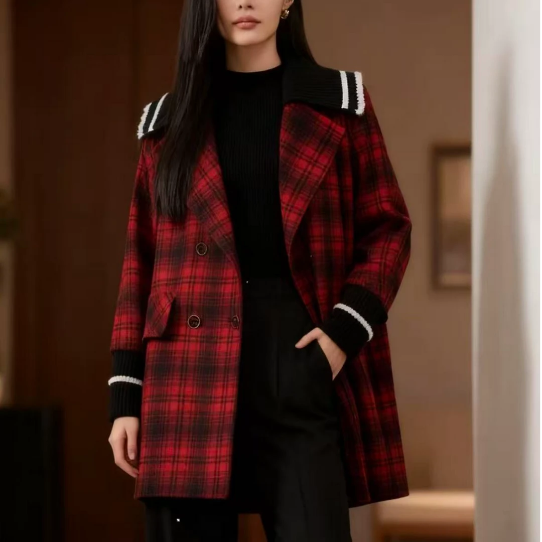 S186 直下摆格子秋冬休闲风女女士保暖格纹夹克毛呢外套