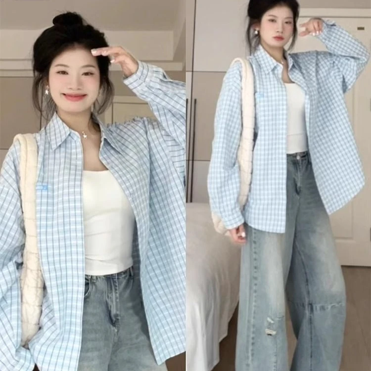 韩系复古简约蓝色格子衬衫外套女早春季慵懒风百搭休闲长袖衬衣潮