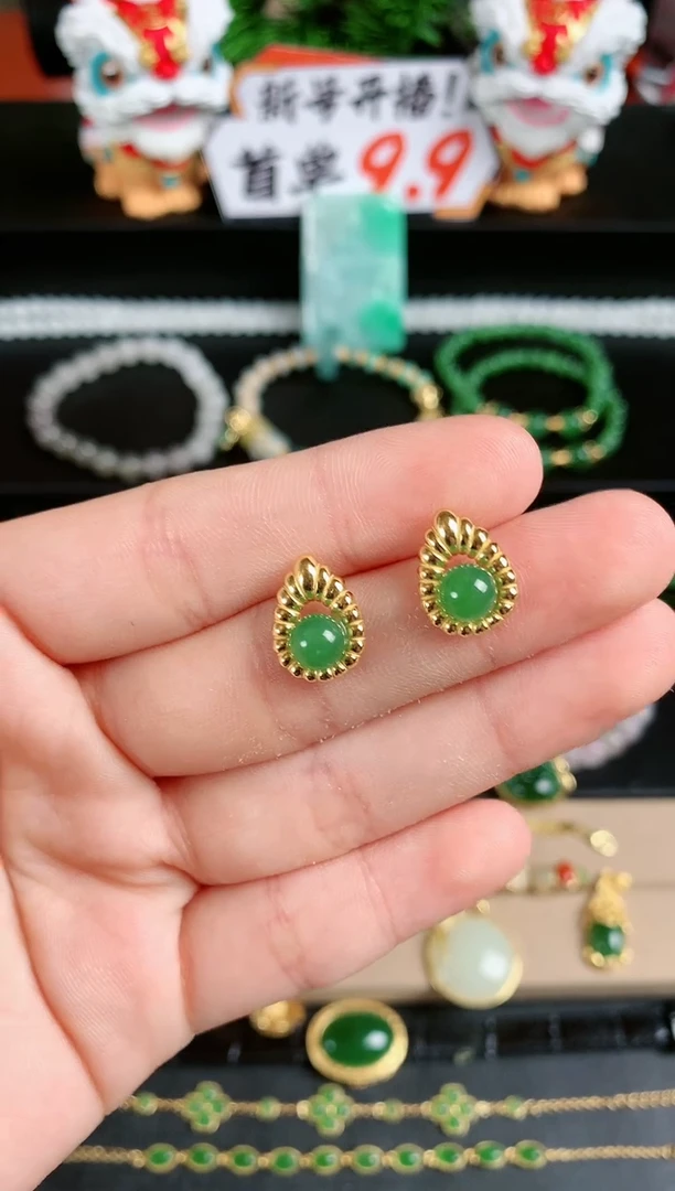 银S925镶嵌和田玉耳饰1