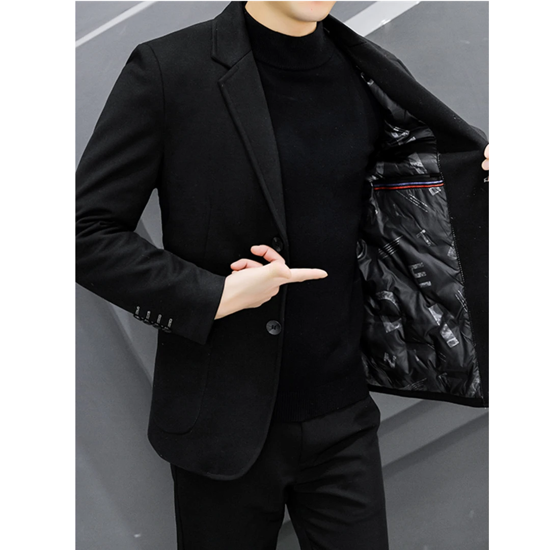 怀勤桑顿冬季新款羽绒西服男韩版修身呢子西装休闲加厚毛呢外套