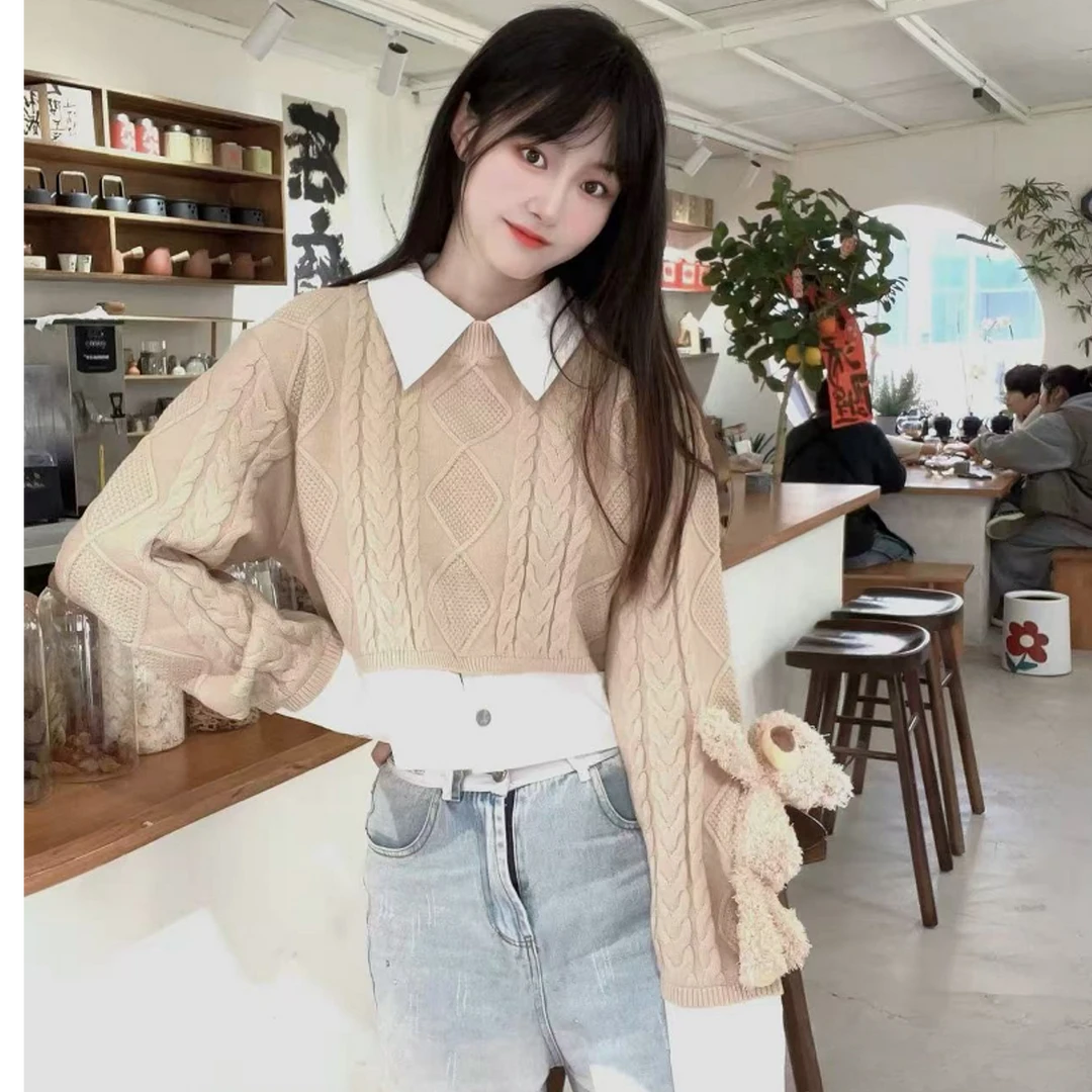 【清新雅丽】新款慵懒针织套头假两件学院风高智淡人女短毛衣（129）