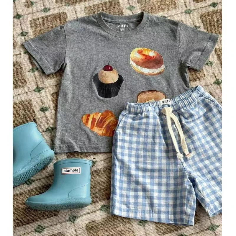 纯棉男童短袖套装2025夏季新款韩系中小童洋气短袖格子短裤两件套