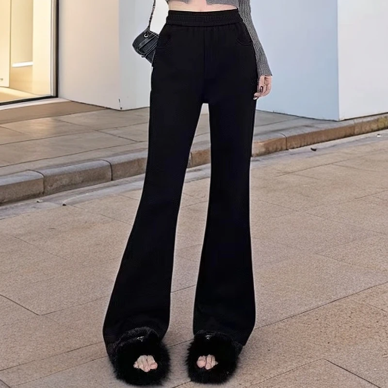 9063冬季新款时尚显瘦复古设计感加绒百搭糥米微喇裤女