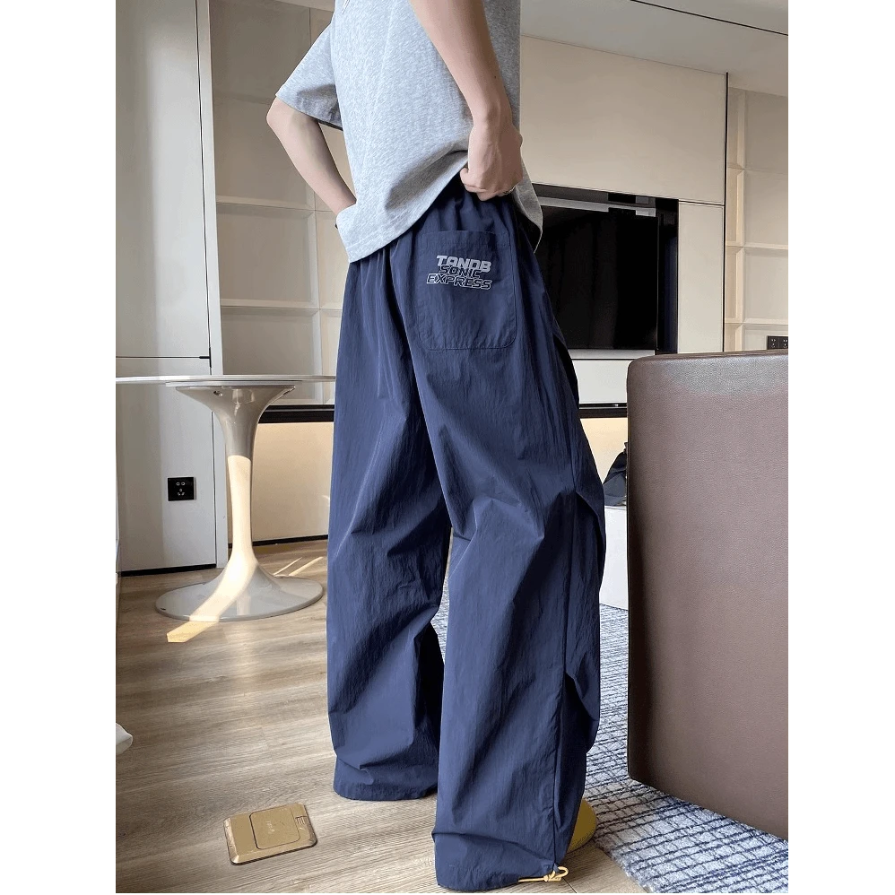 复古美式阔腿宽松透气休闲男裤潮牌高级感夏季薄款工装褶皱伞兵裤