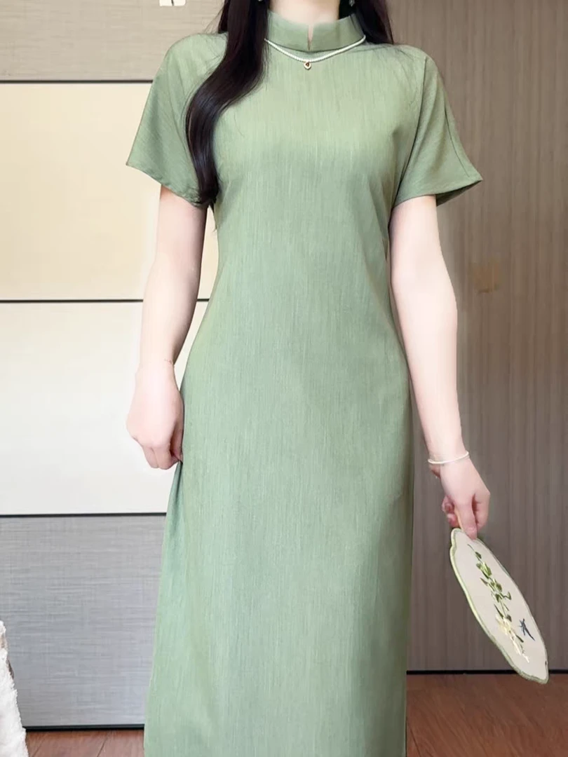 （青珞）绿色单层120长文艺旗袍港风老上海复古修身少女日常中国风