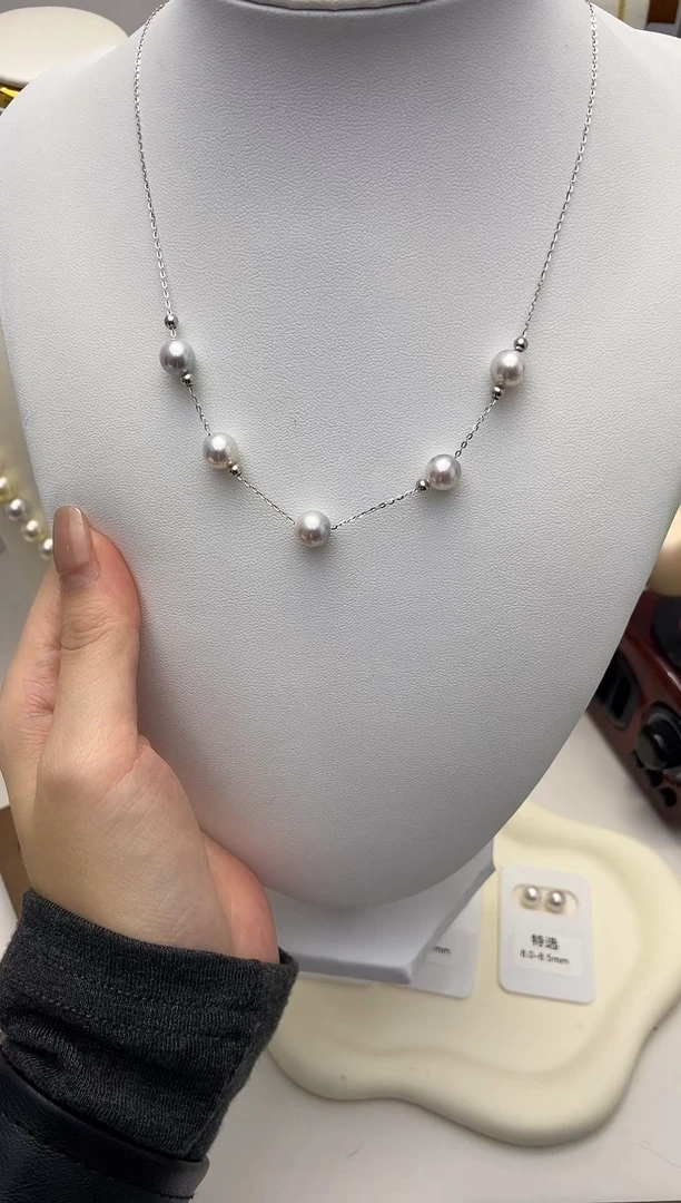 【闪购商品】海水珍珠套链银S925镶嵌真多麻7.0-8.0满天星微笑链