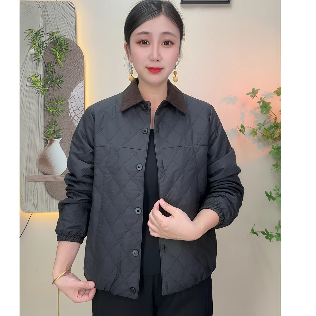 春秋新款时尚洋气宽松显瘦减龄休闲百搭妈妈装夹棉菱格长袖外套