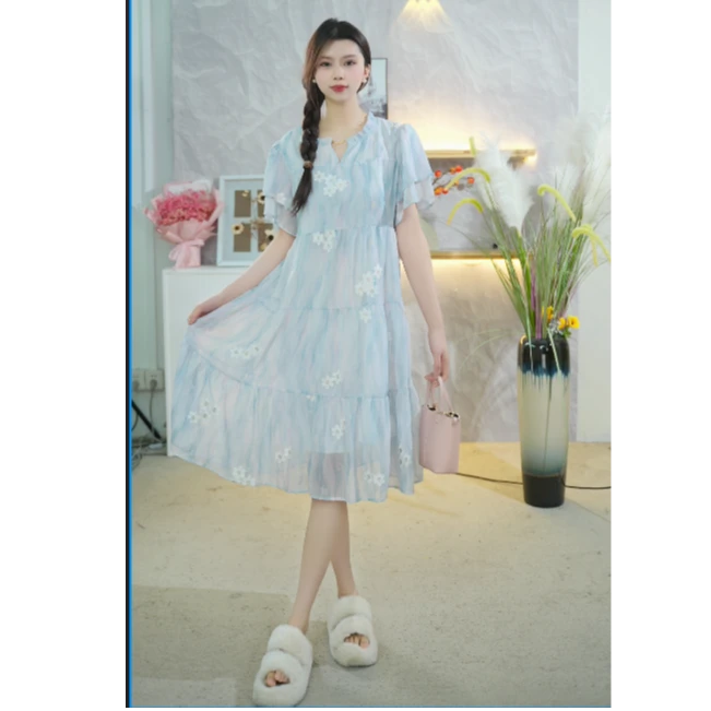 2024夏装新款时尚气质显瘦微胖温柔刺绣短袖连衣裙-61593