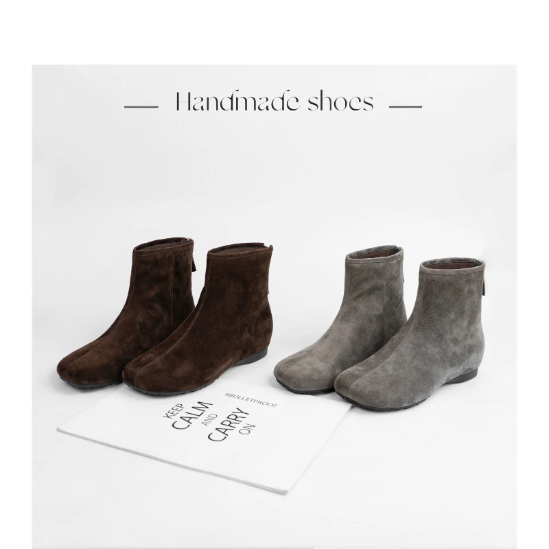 【Dhh】内增高3.5cm•羊反皮•方头磨砂短靴简约秋冬后拉链百搭瘦瘦靴