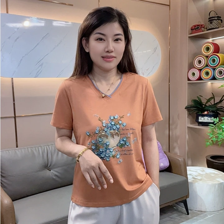 怡特美【灿若繁星】夏季百搭宽松兰精莫代尔棉刺绣短袖t恤259836