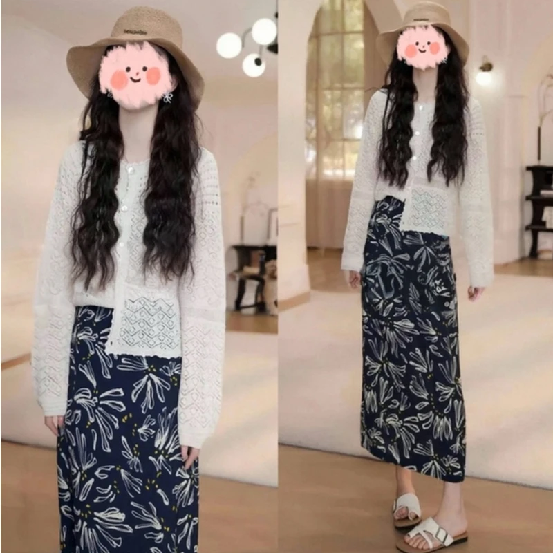 洋气衣服女2025夏季薄款镂空防晒长袖针织开衫百搭半身裙气质套装